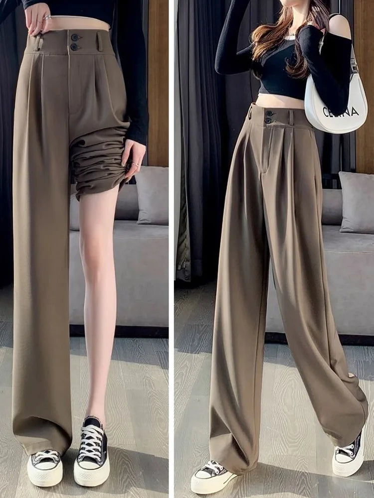 Women Fashion Suit Pants Lady Baggy Wide Straight Leg Classic Double Button Trousers Lady Korean Pants High Waist Goth Slacks
