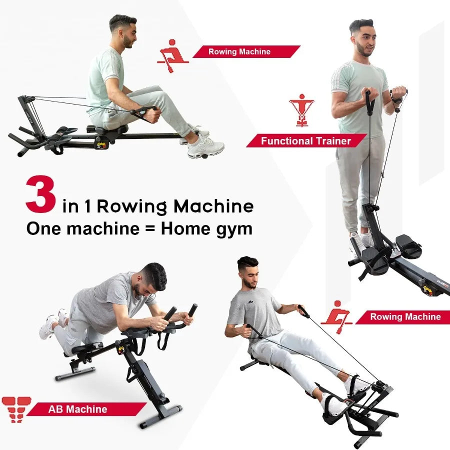 3 in 1 Foldable Rowing Machine, AB Machine with 3 Level Angle & Led Monitor, Multi-Functional Rower Fitness Equipment Home Gym F