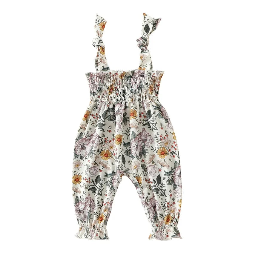 0-24M Baby Girls Floral Jumpsuits Tie-up Suspender Pants Overalls Infant Romper Toddler Summer Clothes 2024 New