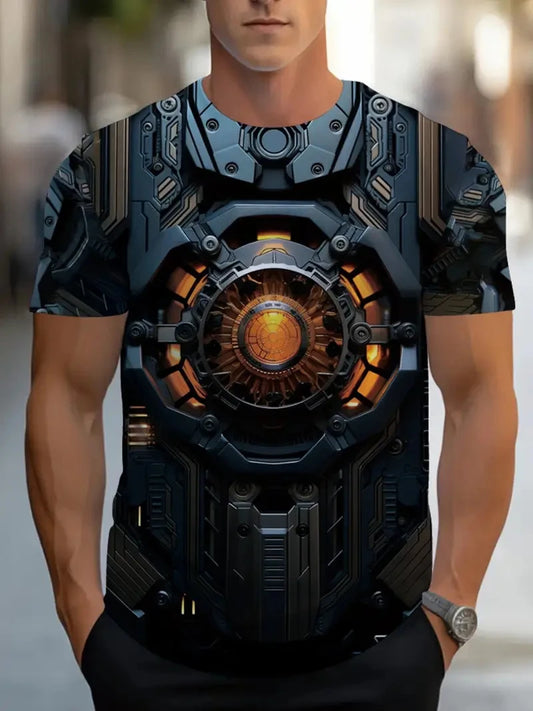 Fashion Men's T-Shirt 3D Futurism Mechanical Printed T-Shirt Street Cyberpunk Trendy O Neck Top Summer Men's Y2k Casual Clothing