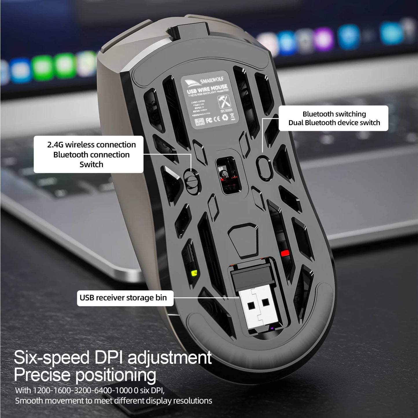 SmailWolf RS8 Bluetooth wireless 2.4g gaming mouse triple-mode lightweight e-sports gaming 1K return rate 10000DPI computer