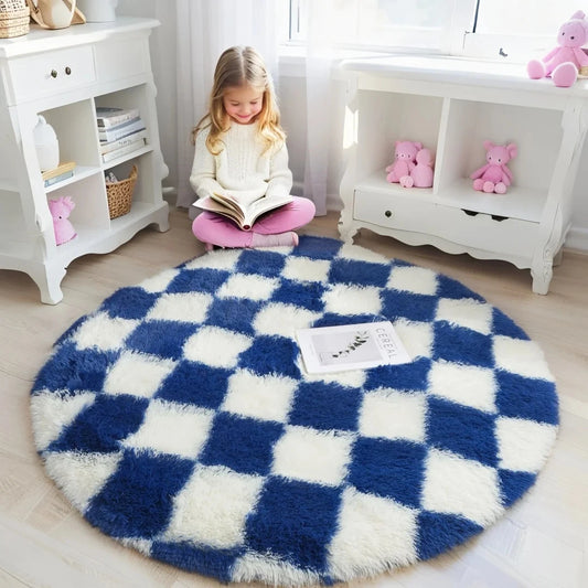Modern Checkerboard Round Rug Soft Plush Rugs Circular Carpet for Home Decor Nursery Game Mat Children's Bedroom Bedside Mats