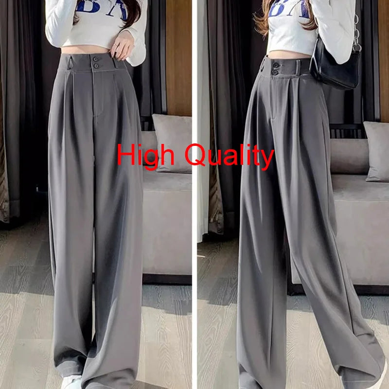Women Fashion Suit Pants Lady Baggy Wide Straight Leg Classic Double Button Trousers Lady Korean Pants High Waist Goth Slacks