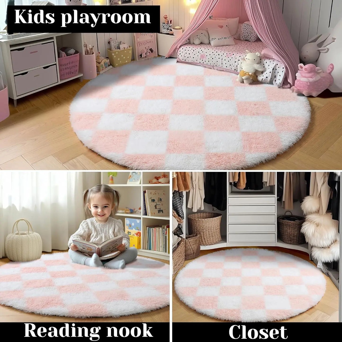 Modern Checkerboard Round Rug Soft Plush Rugs Circular Carpet for Home Decor Nursery Game Mat Children's Bedroom Bedside Mats