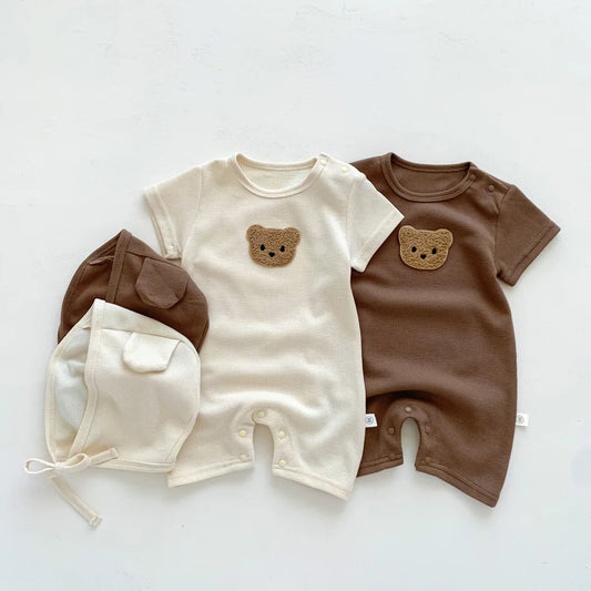 New In Summer Kids Baby Girls Boys Short Sleeve Waffle Patch Bear Infant Newborn Jumpsuits Cotton Romper Gift Hat with Ear
