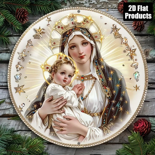 1pc Virgin Mary Themed 2D Flat Aluminum Wall Art – Round Vintage Metal Sign (2D Flat Print), Perfect for Bar/Kitchen/Home/Living