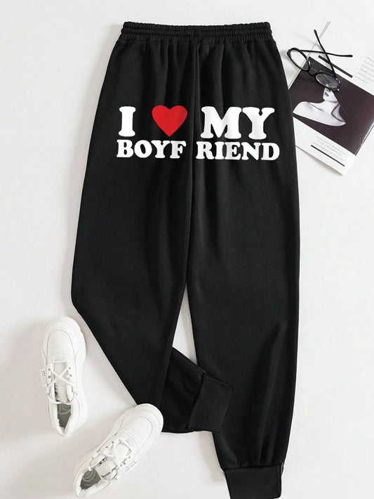 I Love My Boyfriend Letter Prints Women's Elastic Waist Pants Loose Drawstring Long Pant Fashion Casual Female Sports Sweatpants