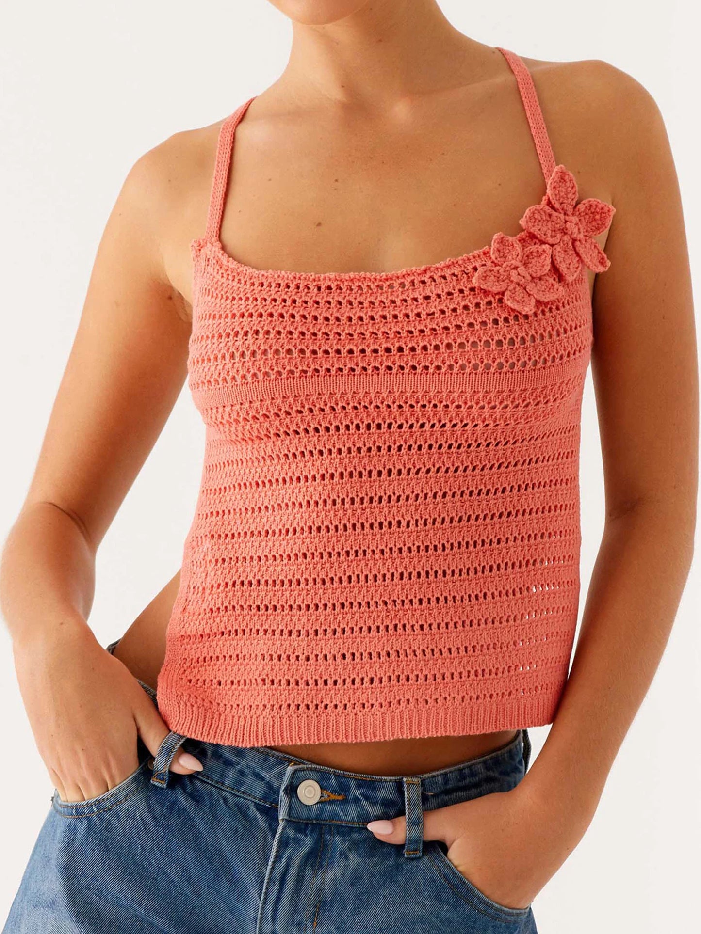 Bohemian Style Crochet Halter Top with 3D Floral Detail Sleeveless Design Open Back and Tie Closure - Chic Summer Fashion