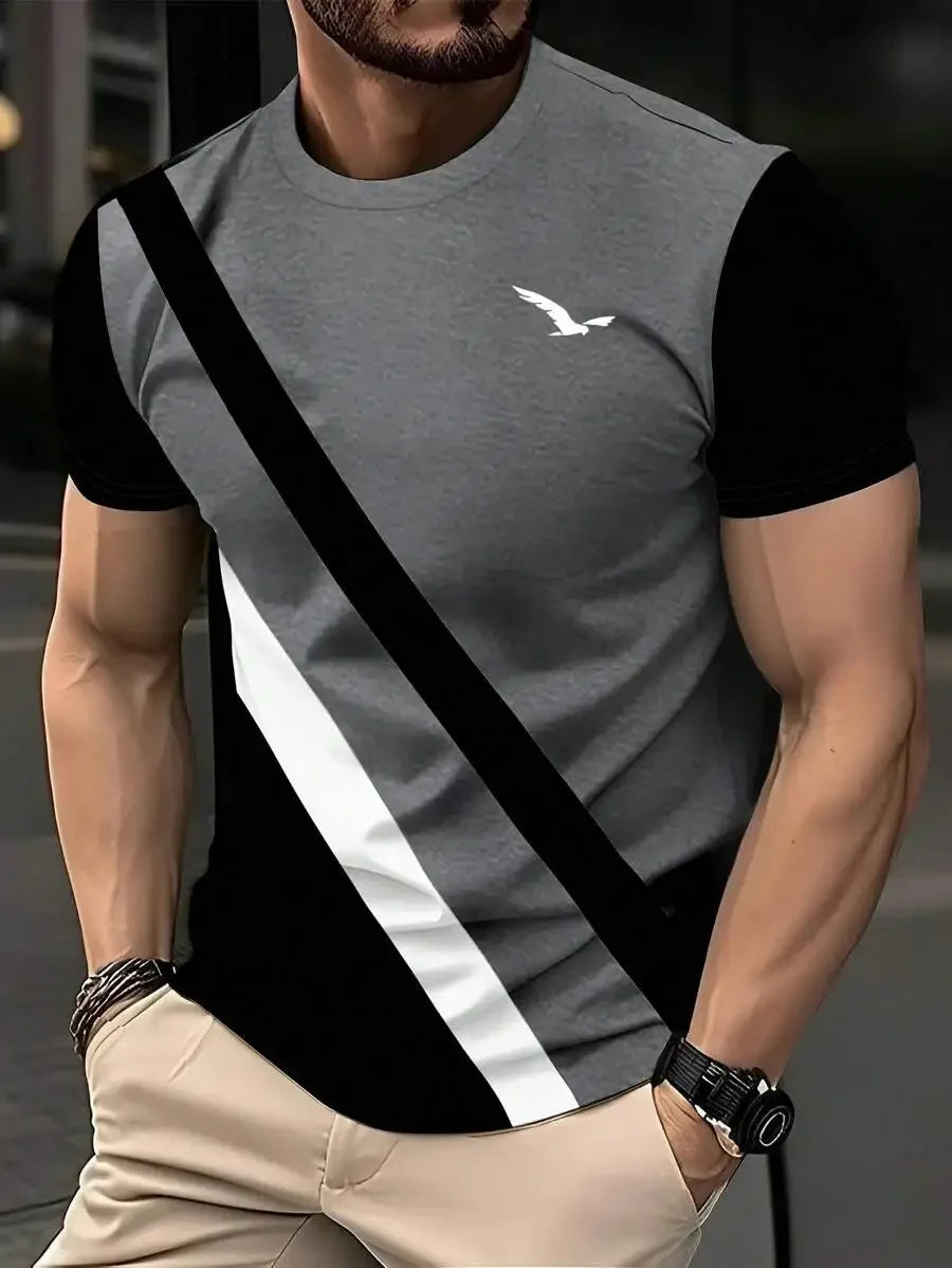 Summer Men's T-Shirt Outdoor Trendy Street Short Sleeve Top Striped Printed Plaid Style Plus Size Loose Men's Clothing Fashion