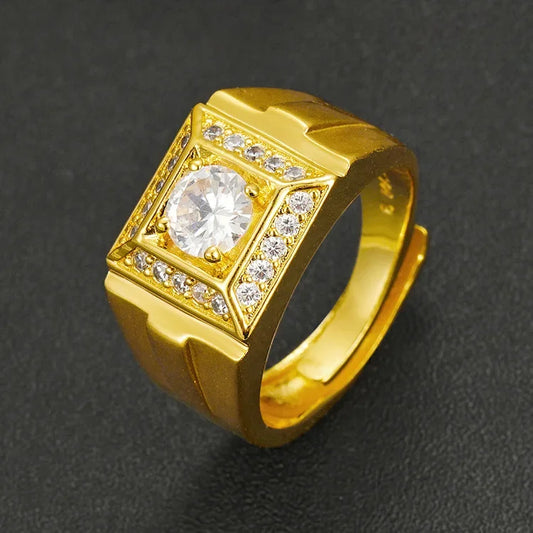 Mighty Luxury 9999 24K Real Gold Gold Inlaid Gemstone Open Men's Ring European and American Style Adjustable