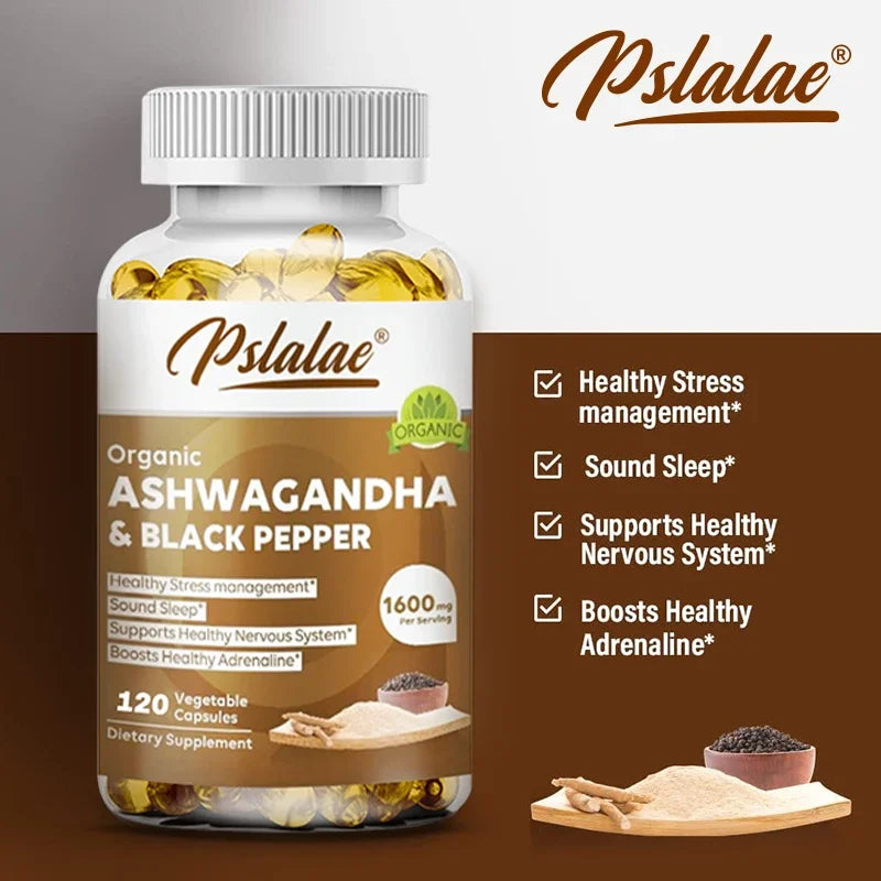 Natural Ashwagandha 1600 Mg with Black Pepper Extract - Supports Stress Relief, Mood, Energy & Thyroid Health, 120 Capsules