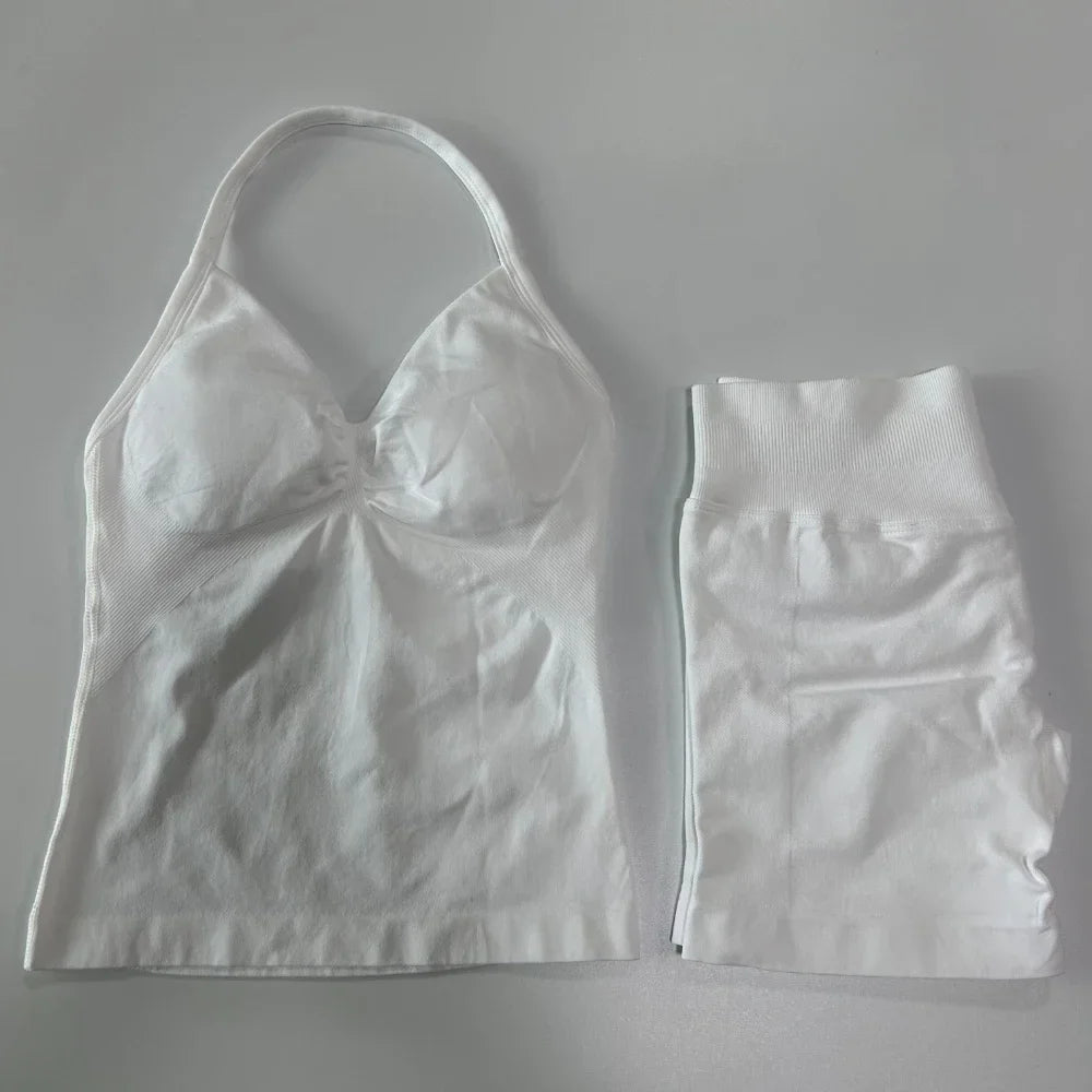 2Pcs Impact Gym Set Women Backless Tank Tops High Waist Scrunch Seamless Shorts Gym Suit Fitness Clothes Activewear Workout Sets