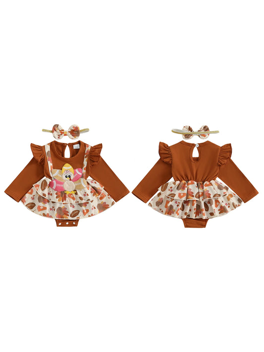 Thanksgiving Turkey Print Baby Girl Romper Dress with Embroidery Detail and Matching Headband for a Festive Look