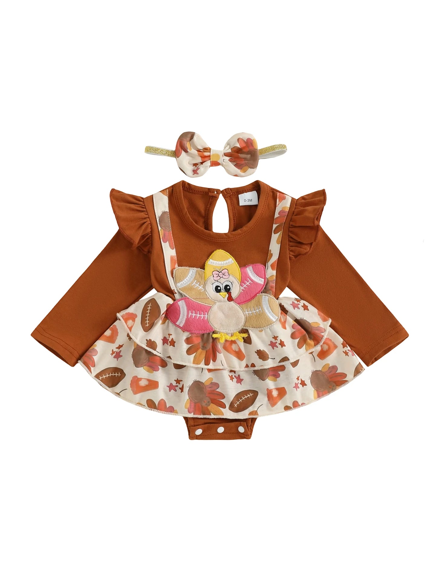Thanksgiving Turkey Print Baby Girl Romper Dress with Embroidery Detail and Matching Headband for a Festive Look