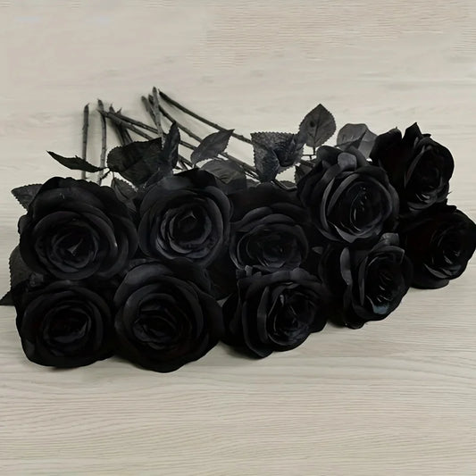 Artificial Black Roses Fake Flowers, Long Stem, with No Container, for Halloween, Home Decor, Wedding Party, Tabletop