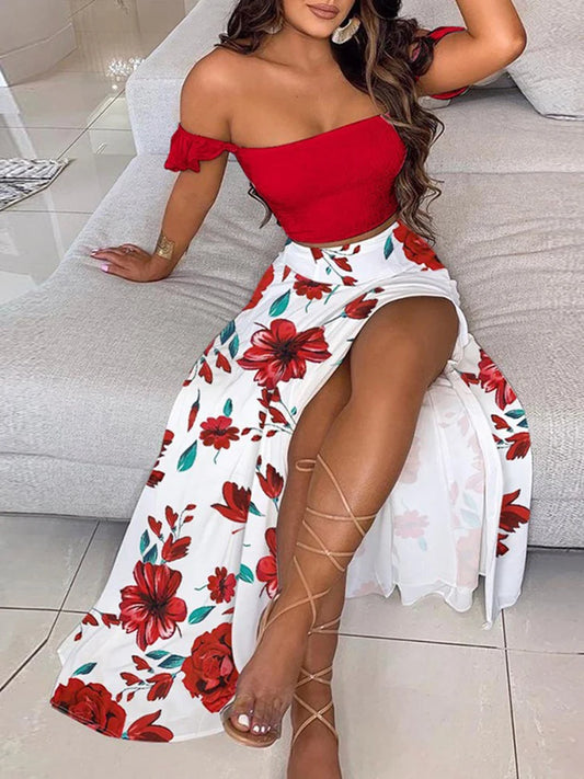 Fashionable Bohemian Two-piece Set Women's Off-shoulder Elastic Solid Color Vest With Floral Print High Waist Slit Skirt Set