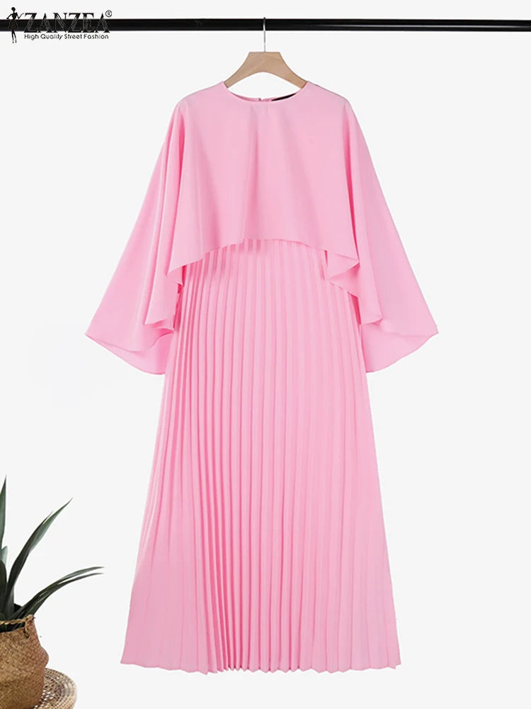 Women Elegant Poncho Blouse Dress Sets ZANZEA Spring 2pcs Party Outfits Loose Mathing Sets Fashion Work Pleated Sundress Suit