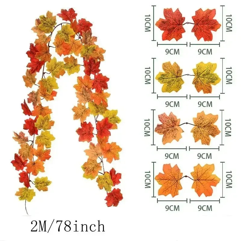 200CM Autumn Artificial Maple Leaf Wreath Fake Leaf Plant Vine Home Decor Garden Halloween Wall Outdoor Doors Windows Decoration