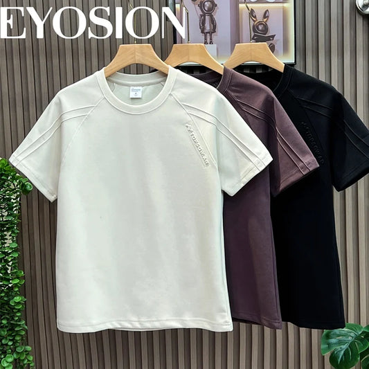 Summer New Men's Fashion Solid Color Round Neck Short Sleeve High Quality Cotton 3D Letter Embossed Splicing Half Sleeve Tee