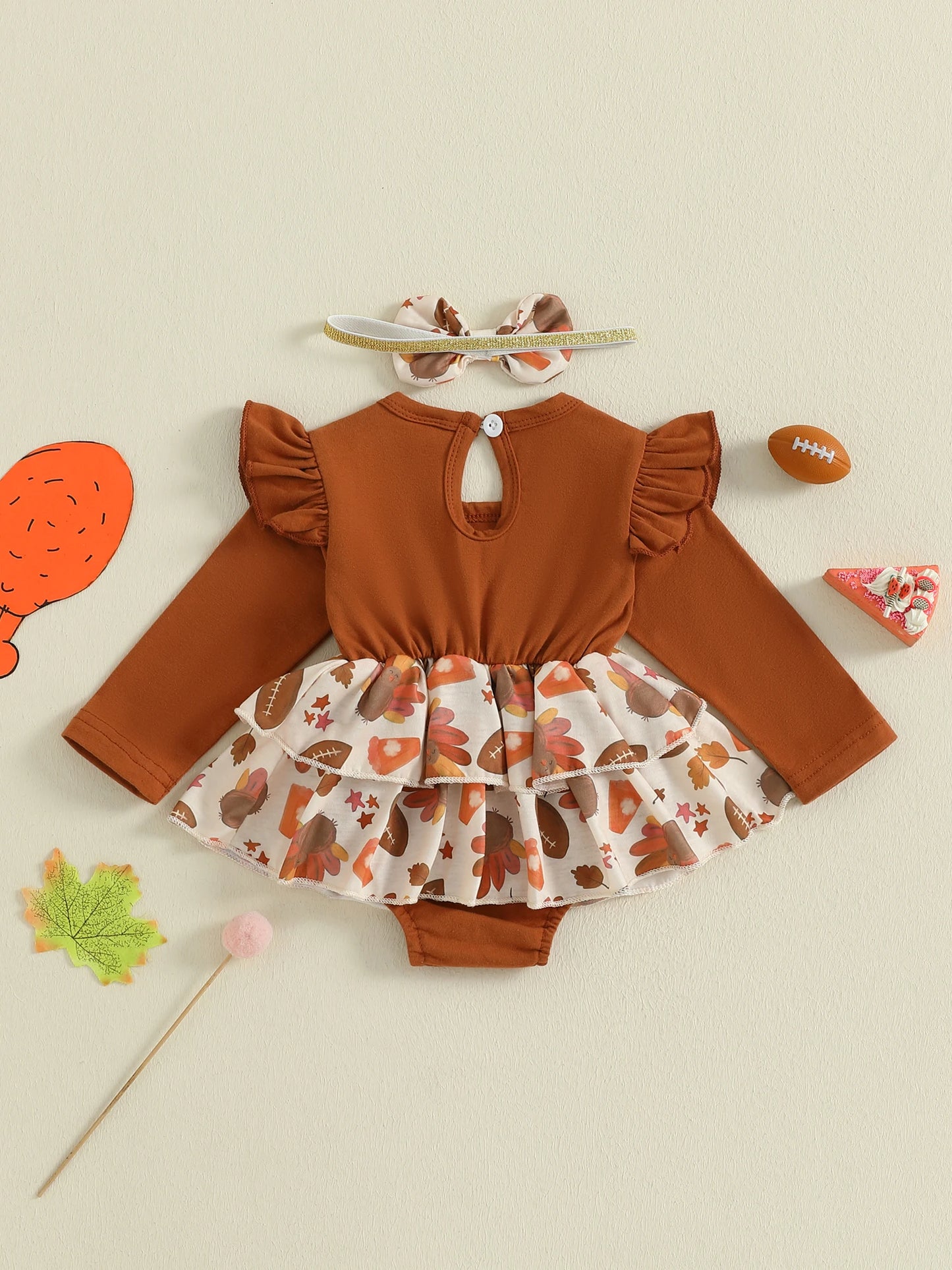 Thanksgiving Turkey Print Baby Girl Romper Dress with Embroidery Detail and Matching Headband for a Festive Look