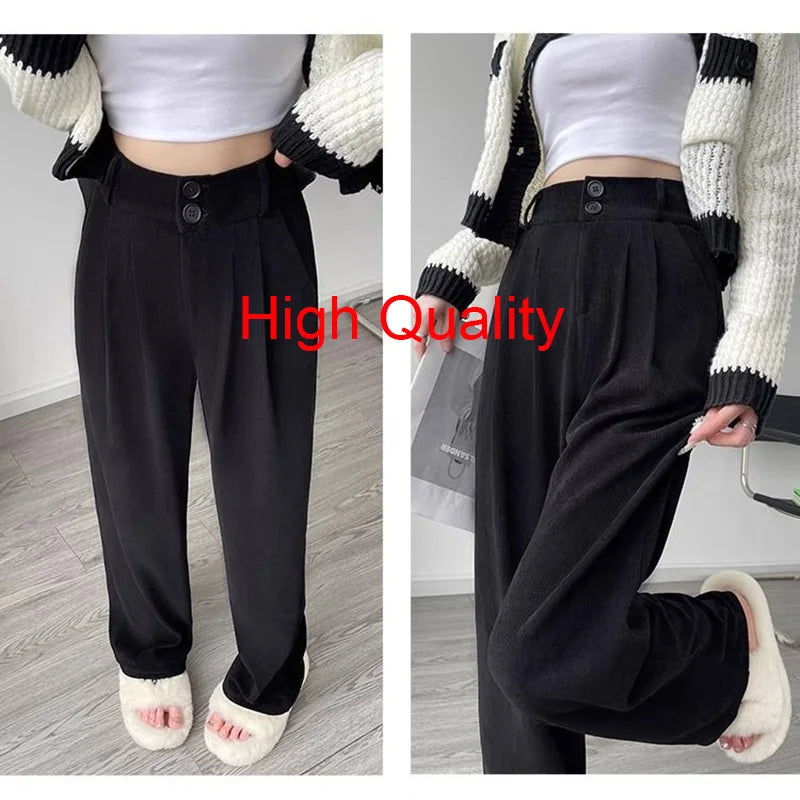 Women Fashion Suit Pants Lady Baggy Wide Straight Leg Classic Double Button Trousers Lady Korean Pants High Waist Goth Slacks