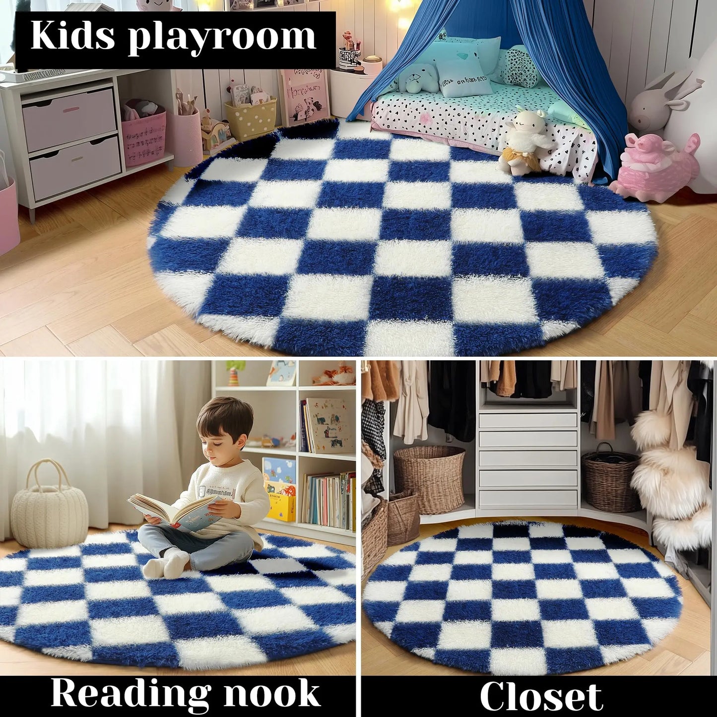 Modern Checkerboard Round Rug Soft Plush Rugs Circular Carpet for Home Decor Nursery Game Mat Children's Bedroom Bedside Mats