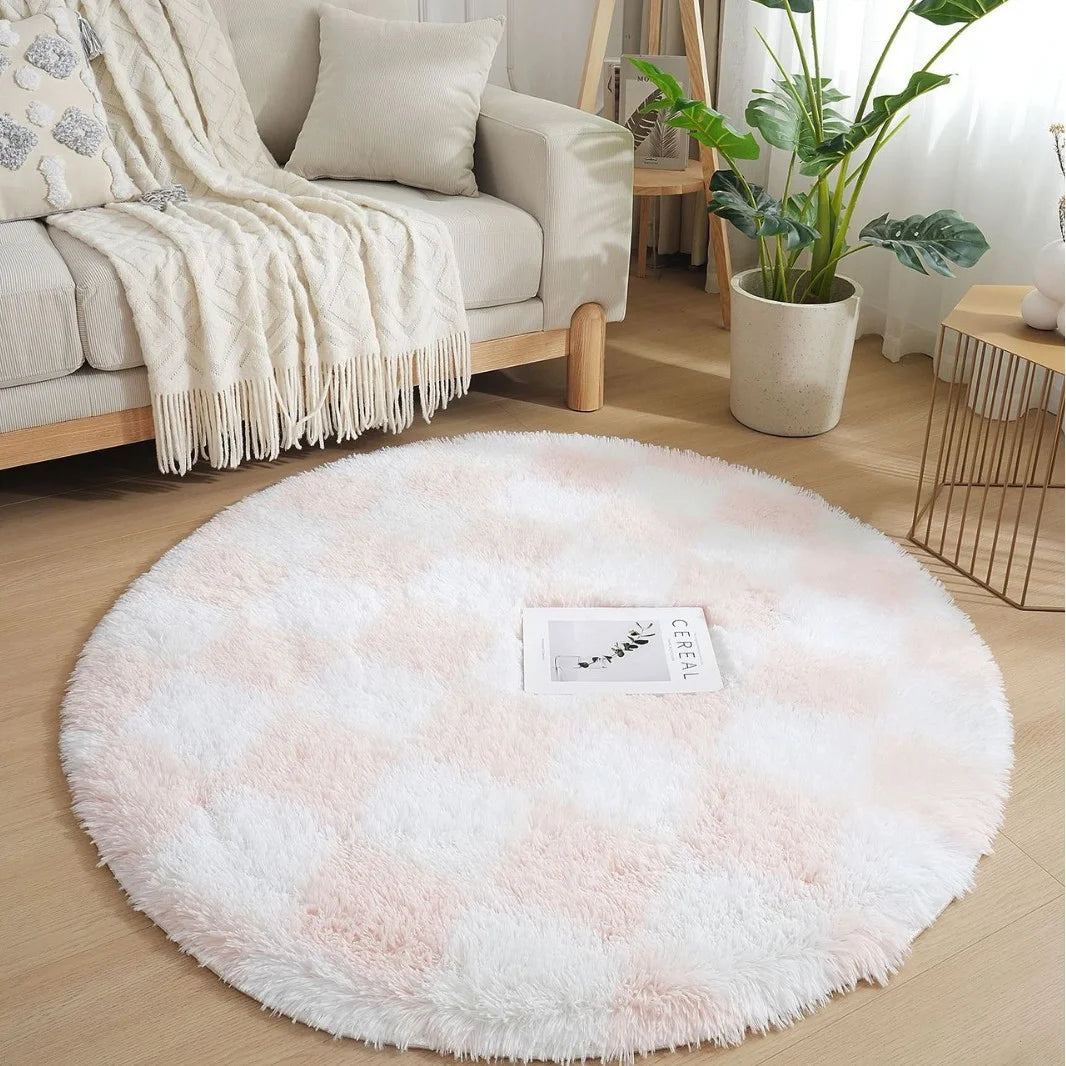 Modern Checkerboard Round Rug Soft Plush Rugs Circular Carpet for Home Decor Nursery Game Mat Children's Bedroom Bedside Mats