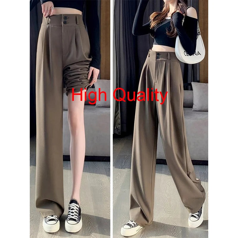 Women Fashion Suit Pants Lady Baggy Wide Straight Leg Classic Double Button Trousers Lady Korean Pants High Waist Goth Slacks