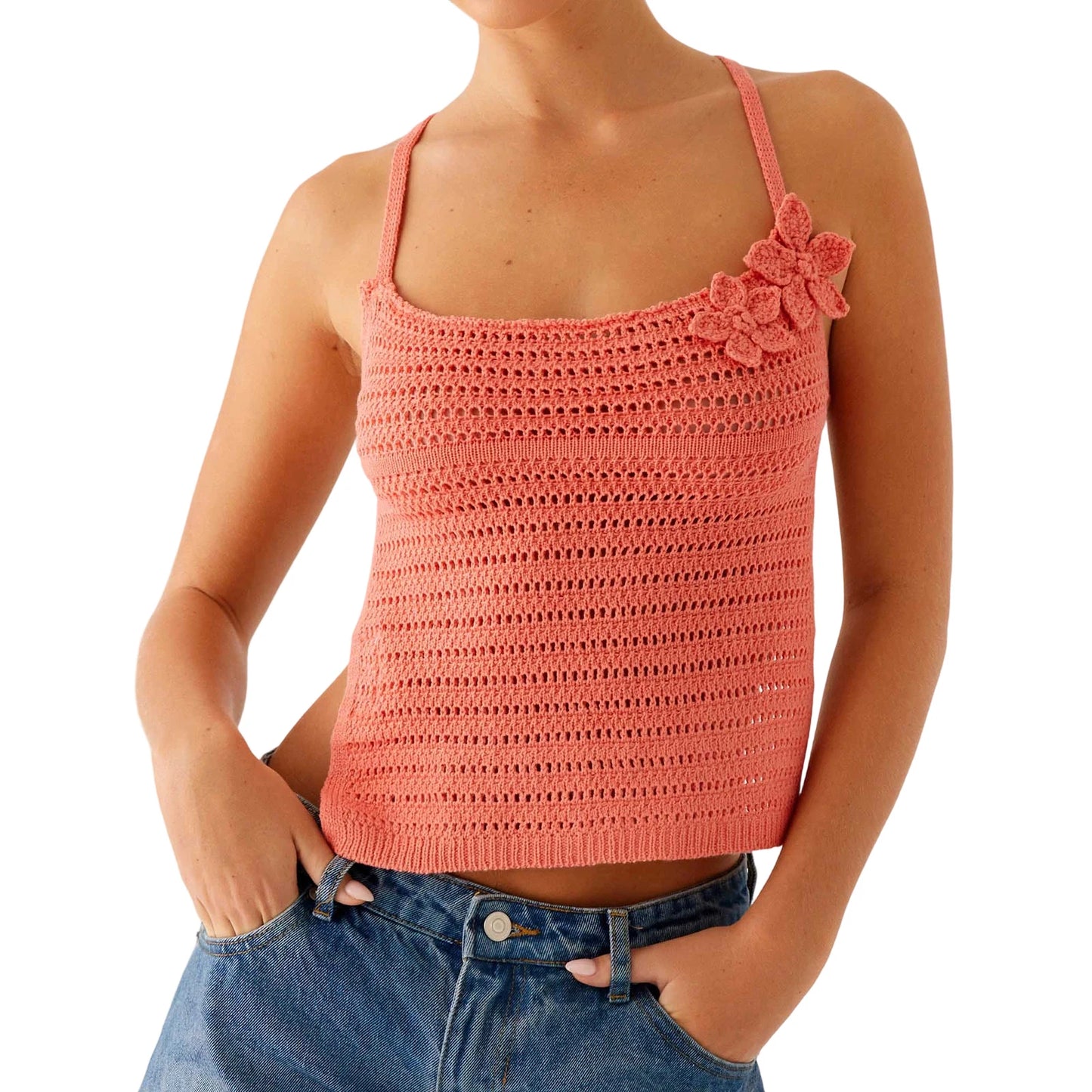 Bohemian Style Crochet Halter Top with 3D Floral Detail Sleeveless Design Open Back and Tie Closure - Chic Summer Fashion