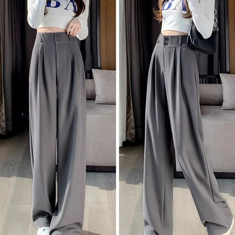 Women Fashion Suit Pants Lady Baggy Wide Straight Leg Classic Double Button Trousers Lady Korean Pants High Waist Goth Slacks