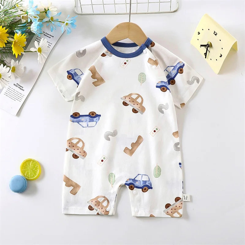 Cute Baby Cartoon Jumpsuit Summer Short Sleeved Thin Cotton Newborn Infant Clothing Bodysuit Boys Girls Crawling Clothes Rompers