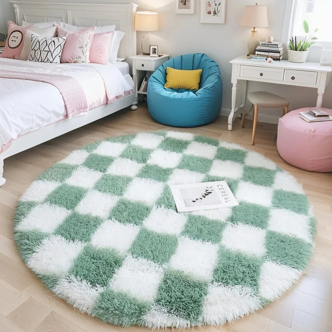 Modern Checkerboard Round Rug Soft Plush Rugs Circular Carpet for Home Decor Nursery Game Mat Children's Bedroom Bedside Mats