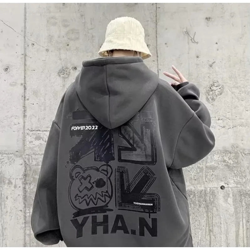 【SIze M-8XL Hoodies】2025 New Men Fashion Cartoon graffiti Letter Print cotton Casual Velvet Oversize Jacket Couple Clothes