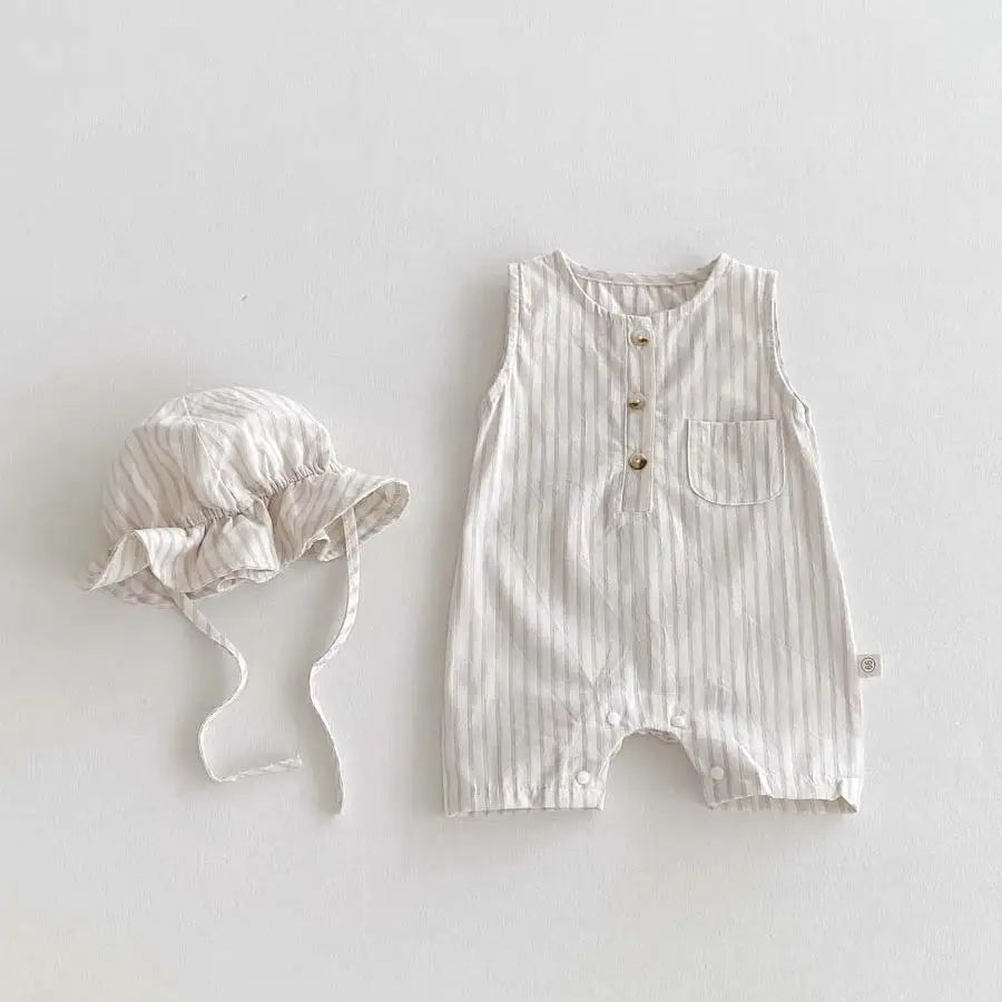 Korean Style Newborn Bodysuit Striped Sleeveless Baby Romper with Hat Two Piece 0-24 Months Infant Onesie