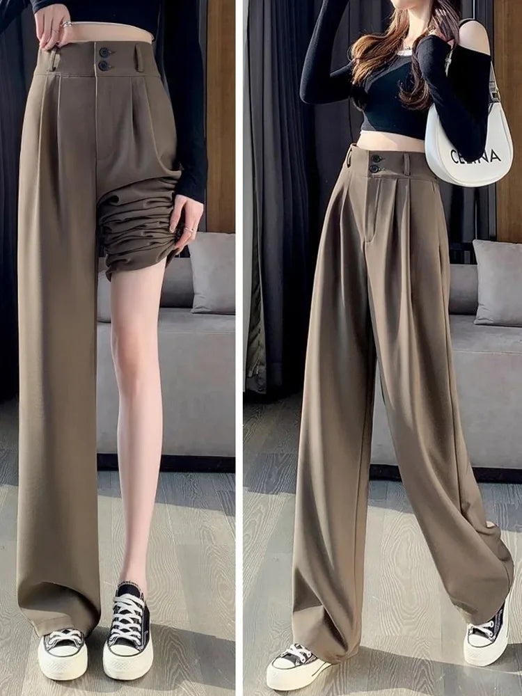 Women Fashion Suit Pants Lady Baggy Wide Straight Leg Classic Double Button Trousers Lady Korean Pants High Waist Goth Slacks