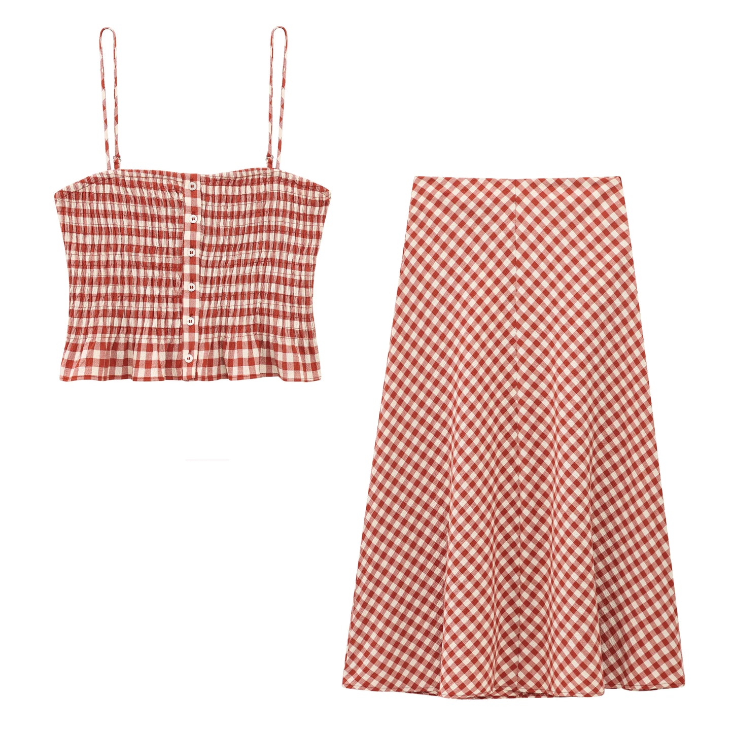TRAFZA Plaid Skrits Sets For Women New Fashion Front Button Camis Top Elegant Midi Skirt Summer Female Bohemia Vacation Outfits