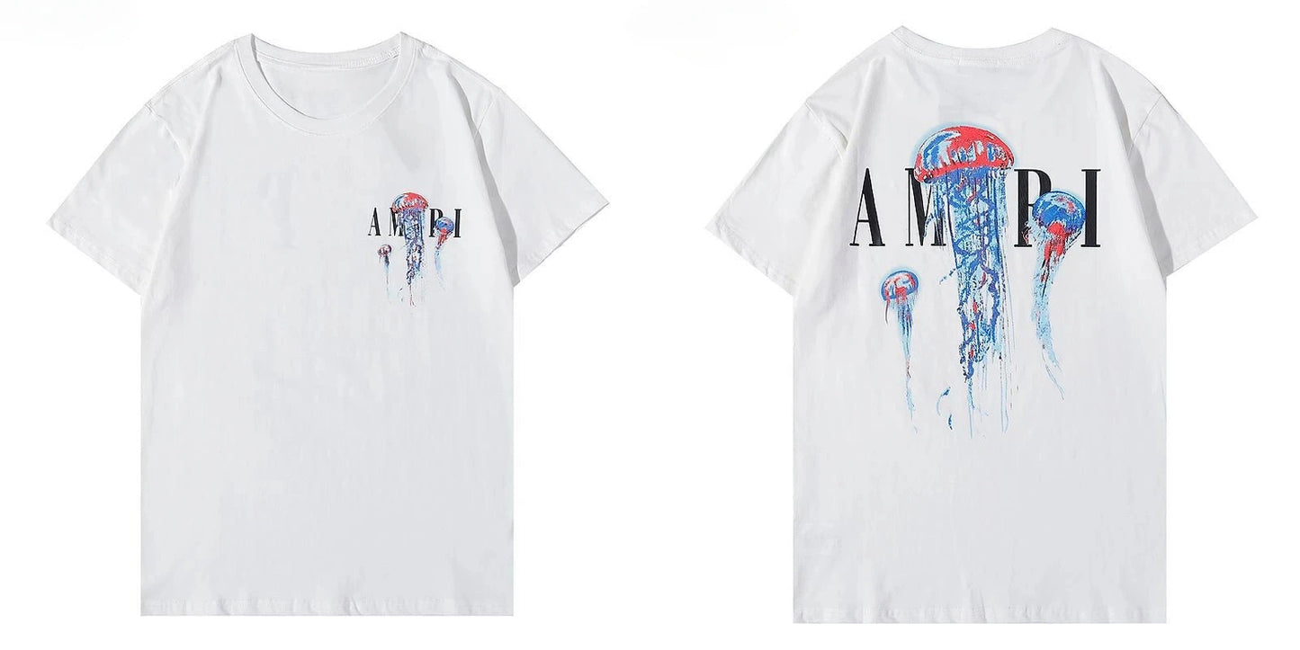 2025New Fashion AM Fashion Short Sleeve Round Neck Bright Print Casual Hip Hop High Street Half Sleeve T-shirt for Men and Women