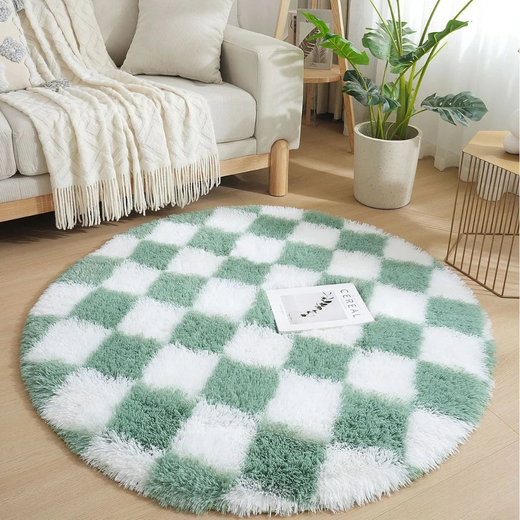 Modern Checkerboard Round Rug Soft Plush Rugs Circular Carpet for Home Decor Nursery Game Mat Children's Bedroom Bedside Mats