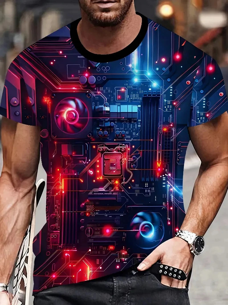 Fashion Men's T-Shirt 3D Futurism Mechanical Printed T-Shirt Street Cyberpunk Trendy O Neck Top Summer Men's Y2k Casual Clothing