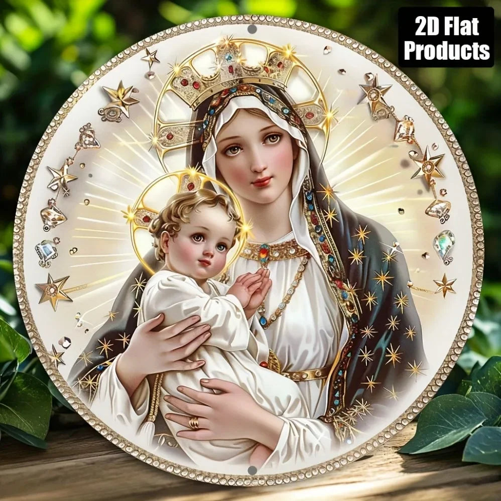 1pc Virgin Mary Themed 2D Flat Aluminum Wall Art – Round Vintage Metal Sign (2D Flat Print), Perfect for Bar/Kitchen/Home/Living
