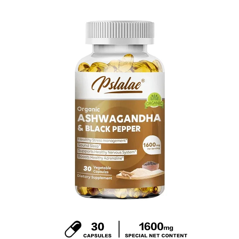 Natural Ashwagandha 1600 Mg with Black Pepper Extract - Supports Stress Relief, Mood, Energy & Thyroid Health, 120 Capsules