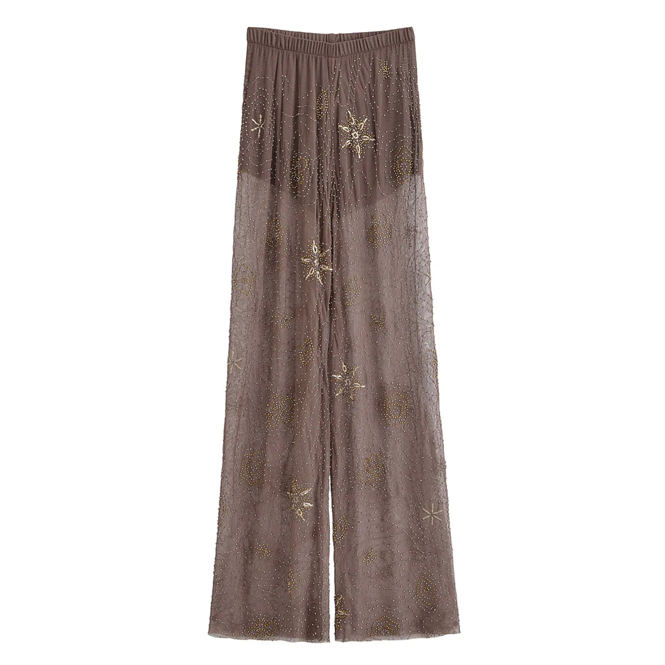 TRAFZA Women Fashion Translucent Tulle Beaded Decoration Mid-Waist Trousers Female Chic Elastic Waist Loose Slim Wide Leg Pants