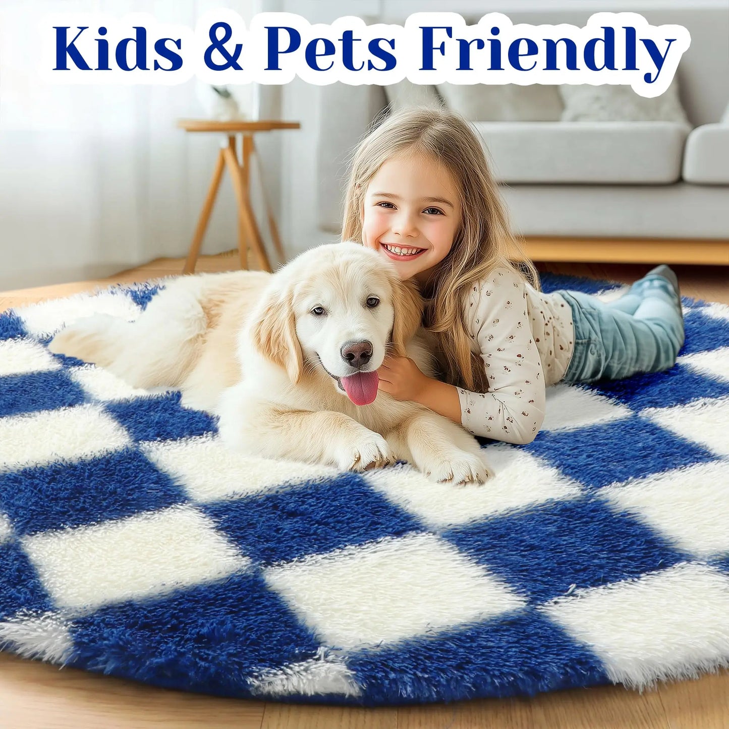 Modern Checkerboard Round Rug Soft Plush Rugs Circular Carpet for Home Decor Nursery Game Mat Children's Bedroom Bedside Mats