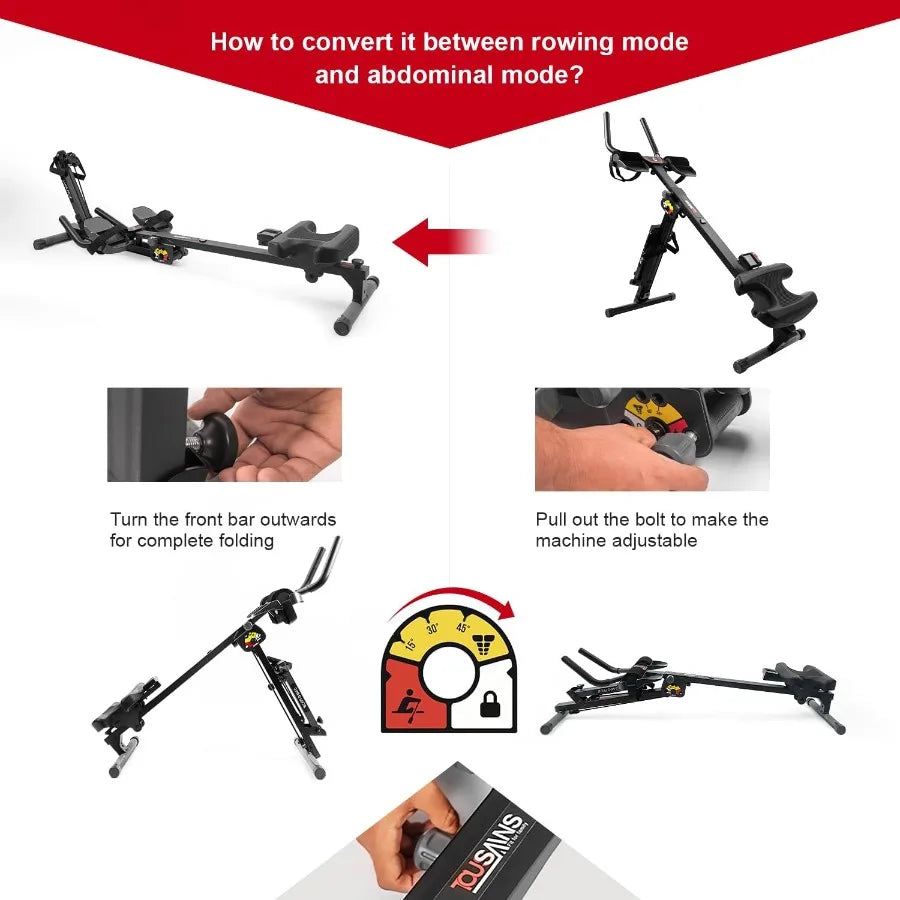 3 in 1 Foldable Rowing Machine, AB Machine with 3 Level Angle & Led Monitor, Multi-Functional Rower Fitness Equipment Home Gym F