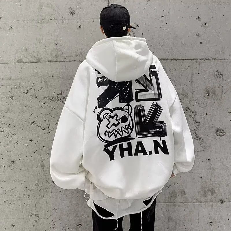 【SIze M-8XL Hoodies】2025 New Men Fashion Cartoon graffiti Letter Print cotton Casual Velvet Oversize Jacket Couple Clothes