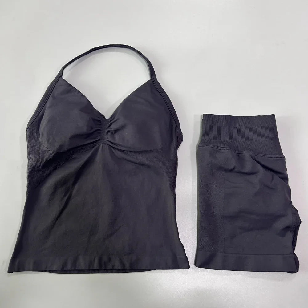 2Pcs Impact Gym Set Women Backless Tank Tops High Waist Scrunch Seamless Shorts Gym Suit Fitness Clothes Activewear Workout Sets
