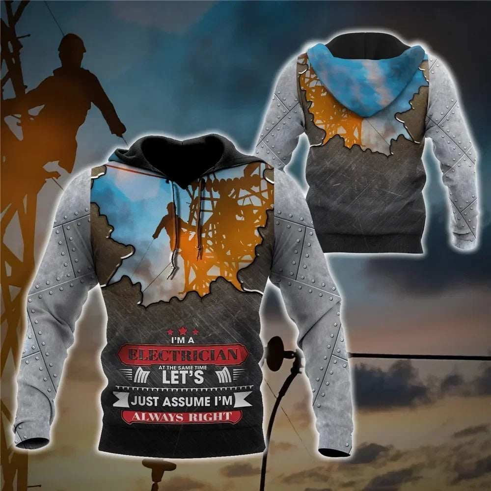 HX Fashion Mens Hoodies 3D Graphic I Am An Electrician Printed Sweatshirts Long Sleeve Pocket Pullovers Harajuku Men Clothing