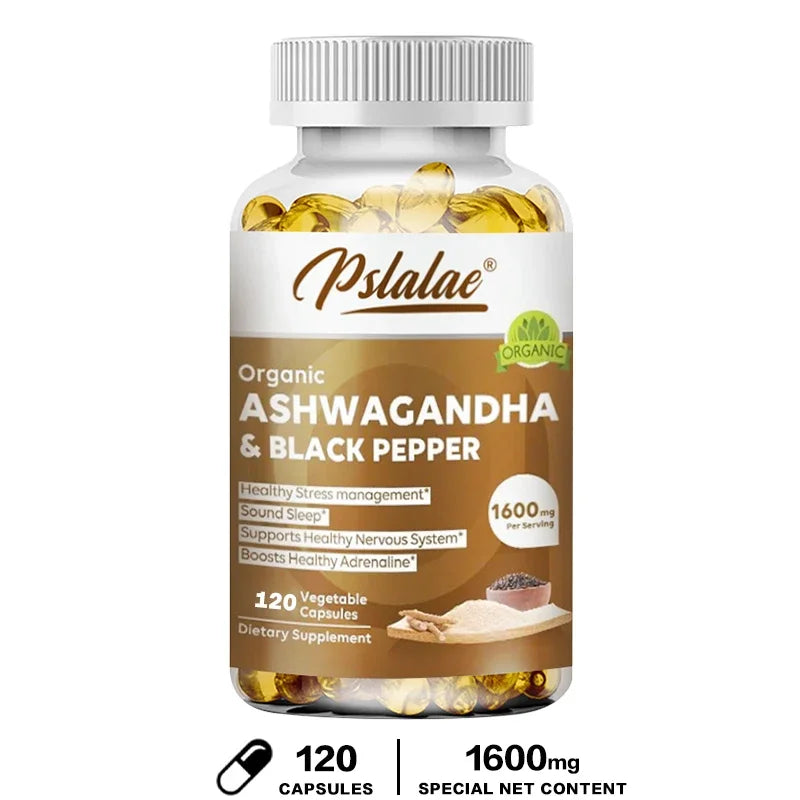 Natural Ashwagandha 1600 Mg with Black Pepper Extract - Supports Stress Relief, Mood, Energy & Thyroid Health, 120 Capsules