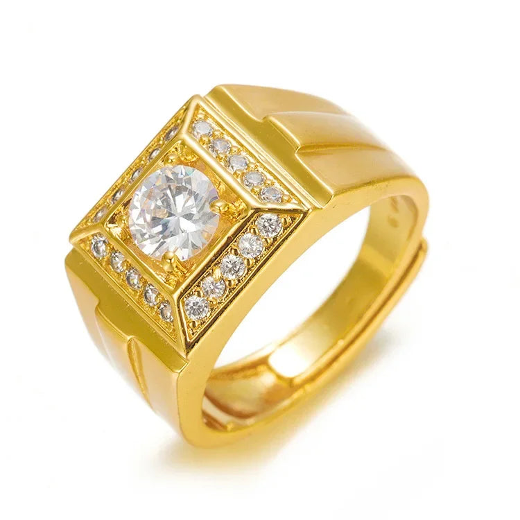 Mighty Luxury 9999 24K Real Gold Gold Inlaid Gemstone Open Men's Ring European and American Style Adjustable