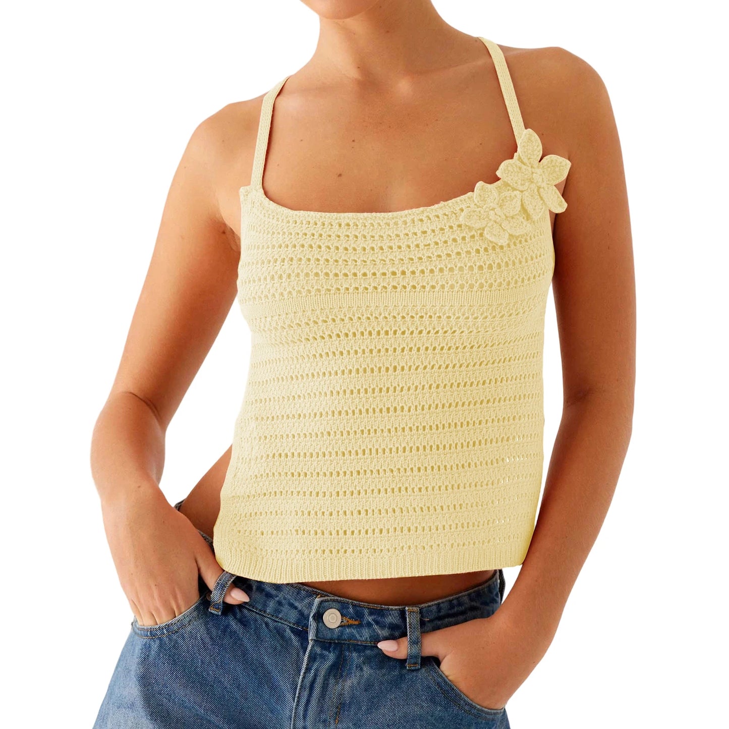 Bohemian Style Crochet Halter Top with 3D Floral Detail Sleeveless Design Open Back and Tie Closure - Chic Summer Fashion